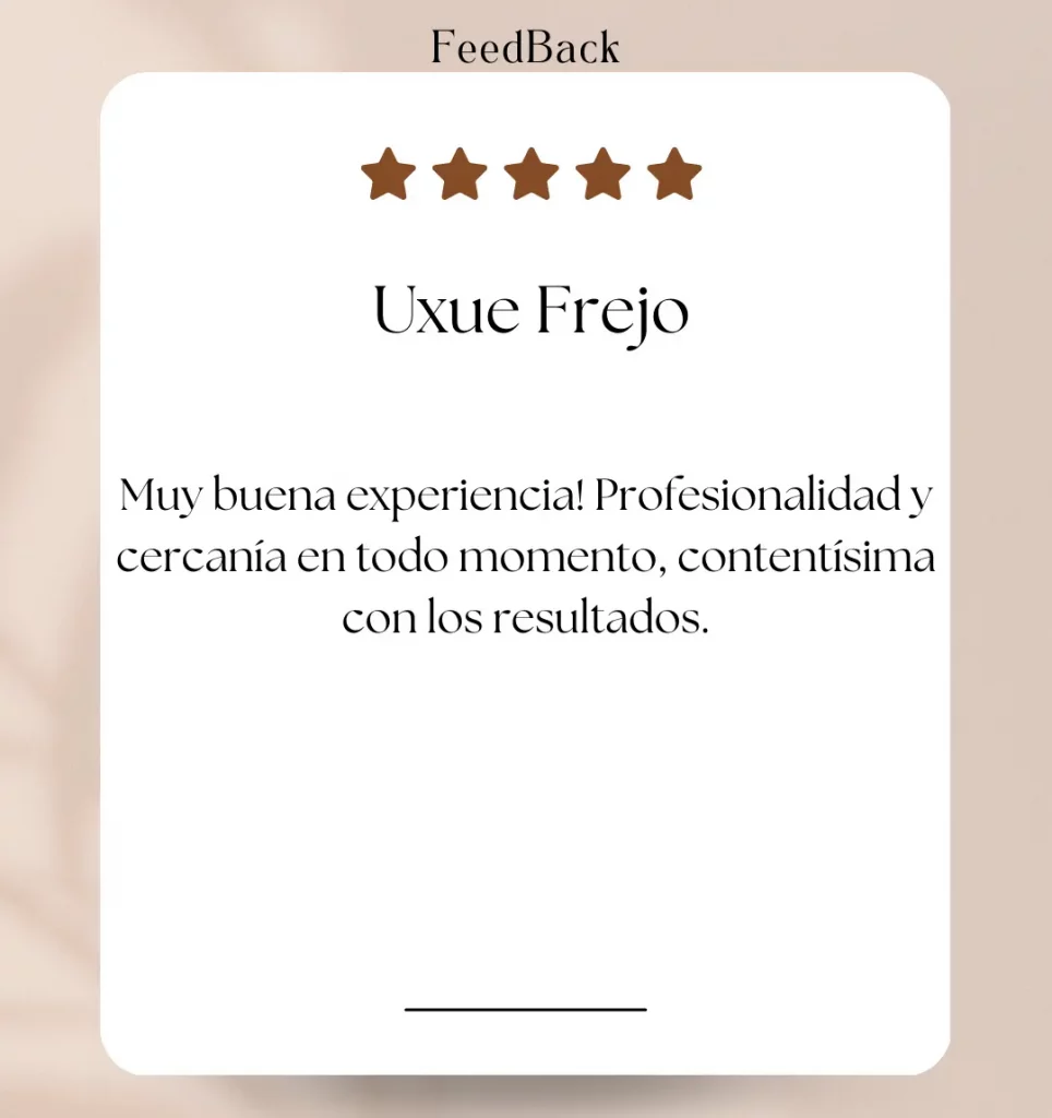 Reseña de Uxue Frejo: Cliente muy satisfecha con la profesionalidad y cercanía del equipo en White, destacando excelentes resultados.