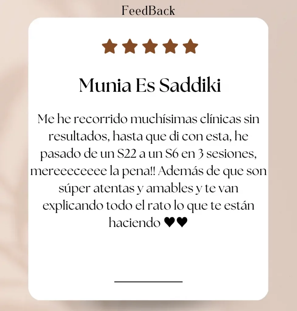 Opinión de Munia Es Saddiki: Cliente satisfecha con su tratamiento en White, destacando resultados efectivos en solo tres sesiones y una atención excepcional.